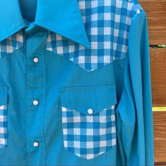 Vintage Handmade Western Gingham Pearl Snap Button Down Shirt Size Large - Picture 4 of 9